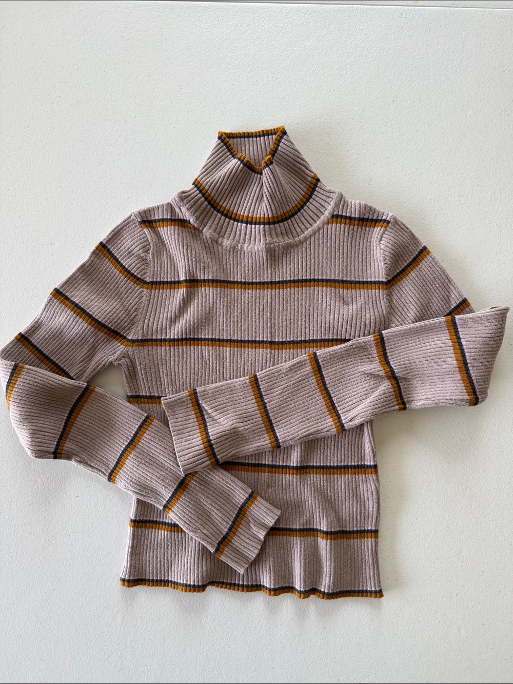 Pink Republic Taupe Ribbed Crop Turtleneck with Mustard & Dark Brown Stripes